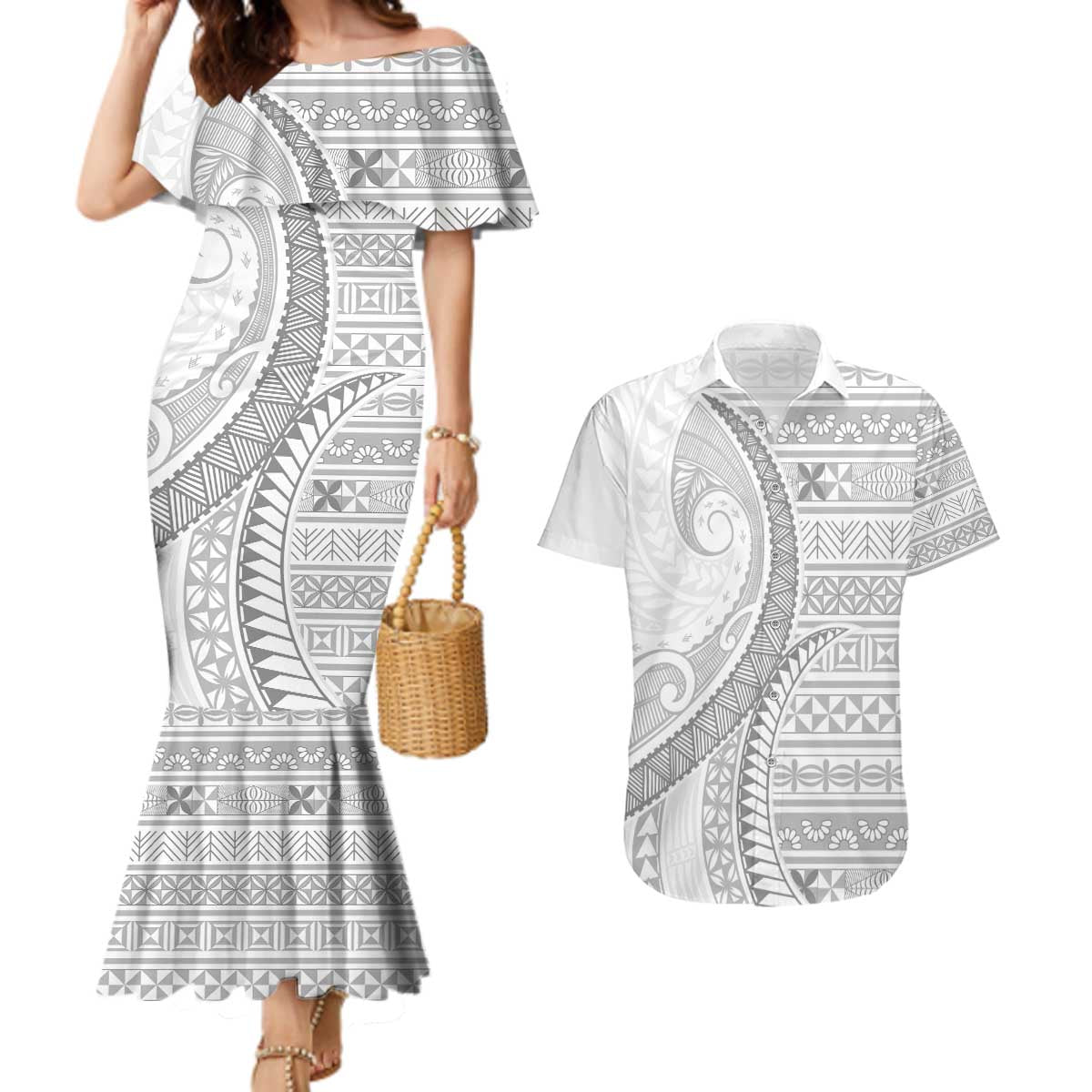 Tokelau White Sunday Couples Matching Mermaid Dress and Hawaiian Shirt Lotu Tamaiti Ngatu Tokelau Feletoa Manulua - Polynesian Pride