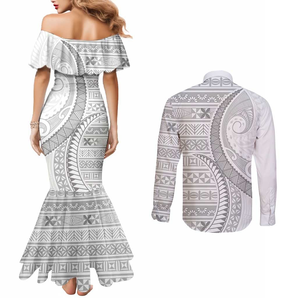 Tokelau White Sunday Couples Matching Mermaid Dress and Long Sleeve Button Shirt Lotu Tamaiti Ngatu Tokelau Feletoa Manulua - Polynesian Pride