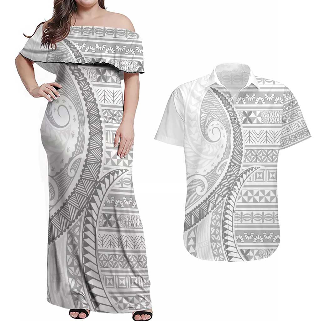 Tokelau White Sunday Couples Matching Off Shoulder Maxi Dress and Hawaiian Shirt Lotu Tamaiti Ngatu Tokelau Feletoa Manulua - Polynesian Pride