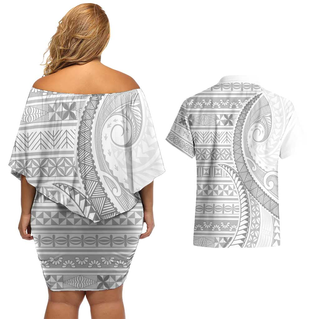 Tokelau White Sunday Couples Matching Off Shoulder Short Dress and Hawaiian Shirt Lotu Tamaiti Ngatu Tokelau Feletoa Manulua - Polynesian Pride