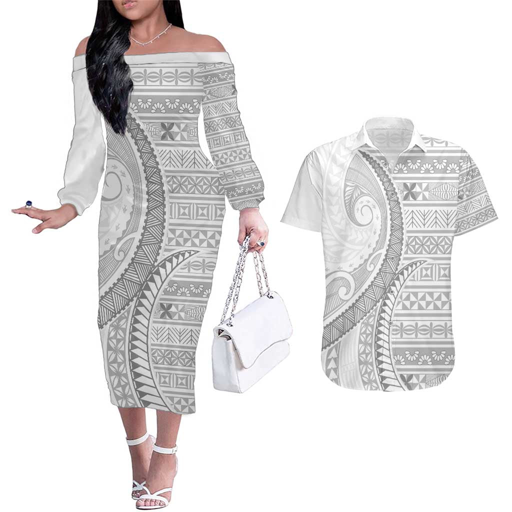 Tokelau White Sunday Couples Matching Off The Shoulder Long Sleeve Dress and Hawaiian Shirt Lotu Tamaiti Ngatu Tokelau Feletoa Manulua - Polynesian Pride