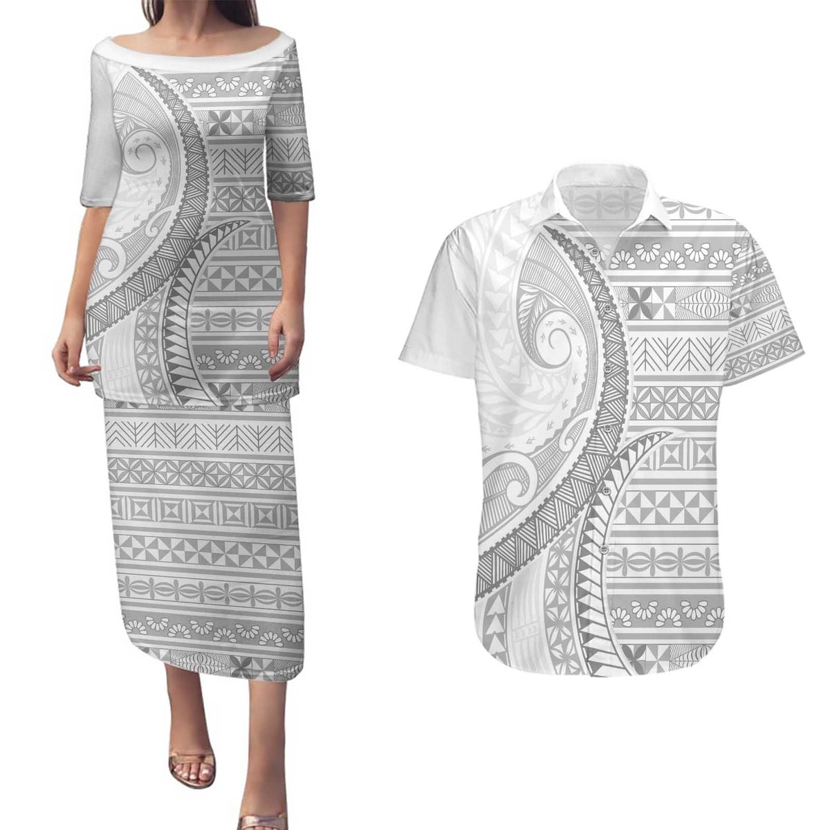 Tokelau White Sunday Couples Matching Puletasi and Hawaiian Shirt Lotu Tamaiti Ngatu Tokelau Feletoa Manulua LT9 White - Polynesian Pride