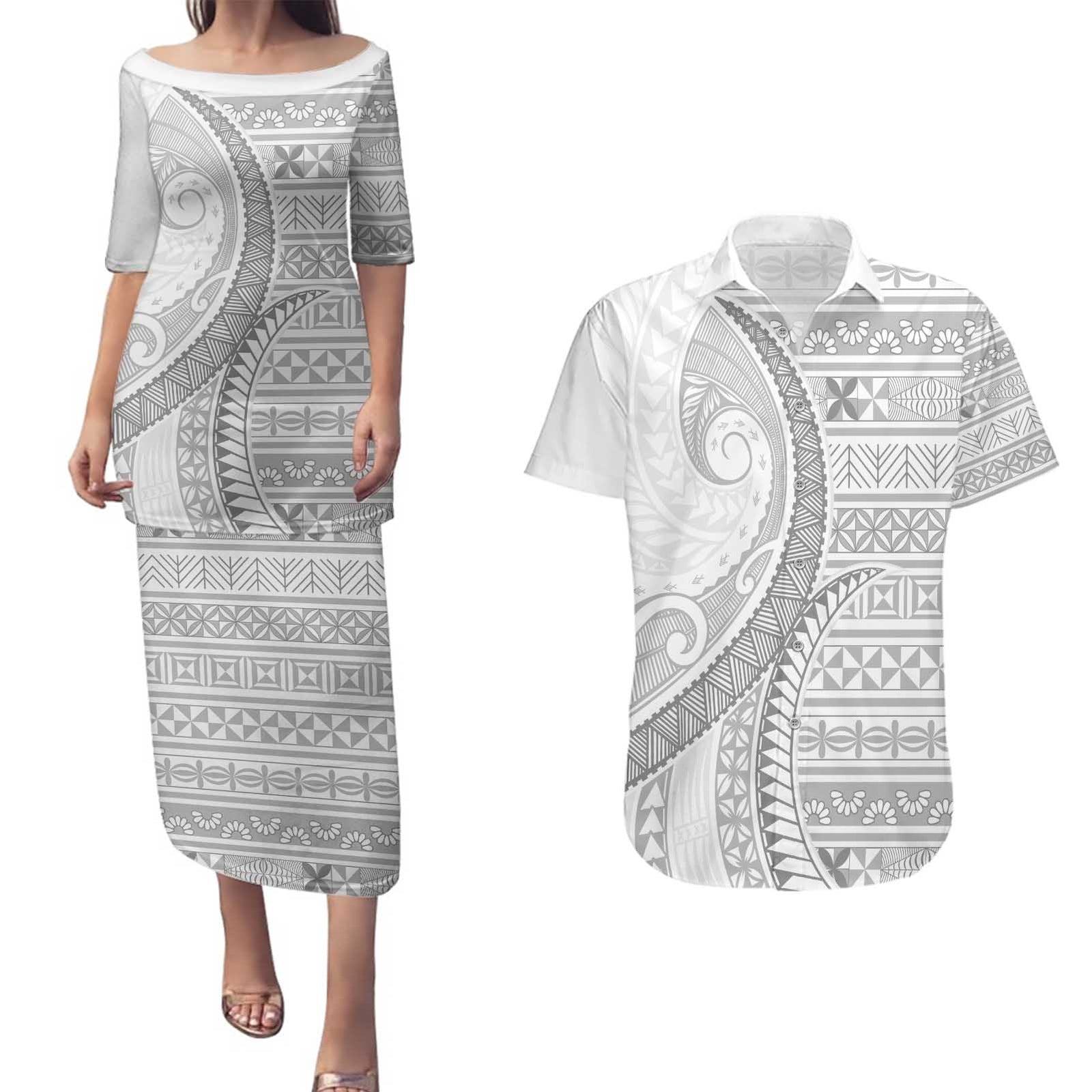 Tokelau White Sunday Couples Matching Puletasi and Hawaiian Shirt Lotu Tamaiti Ngatu Tokelau Feletoa Manulua - Polynesian Pride
