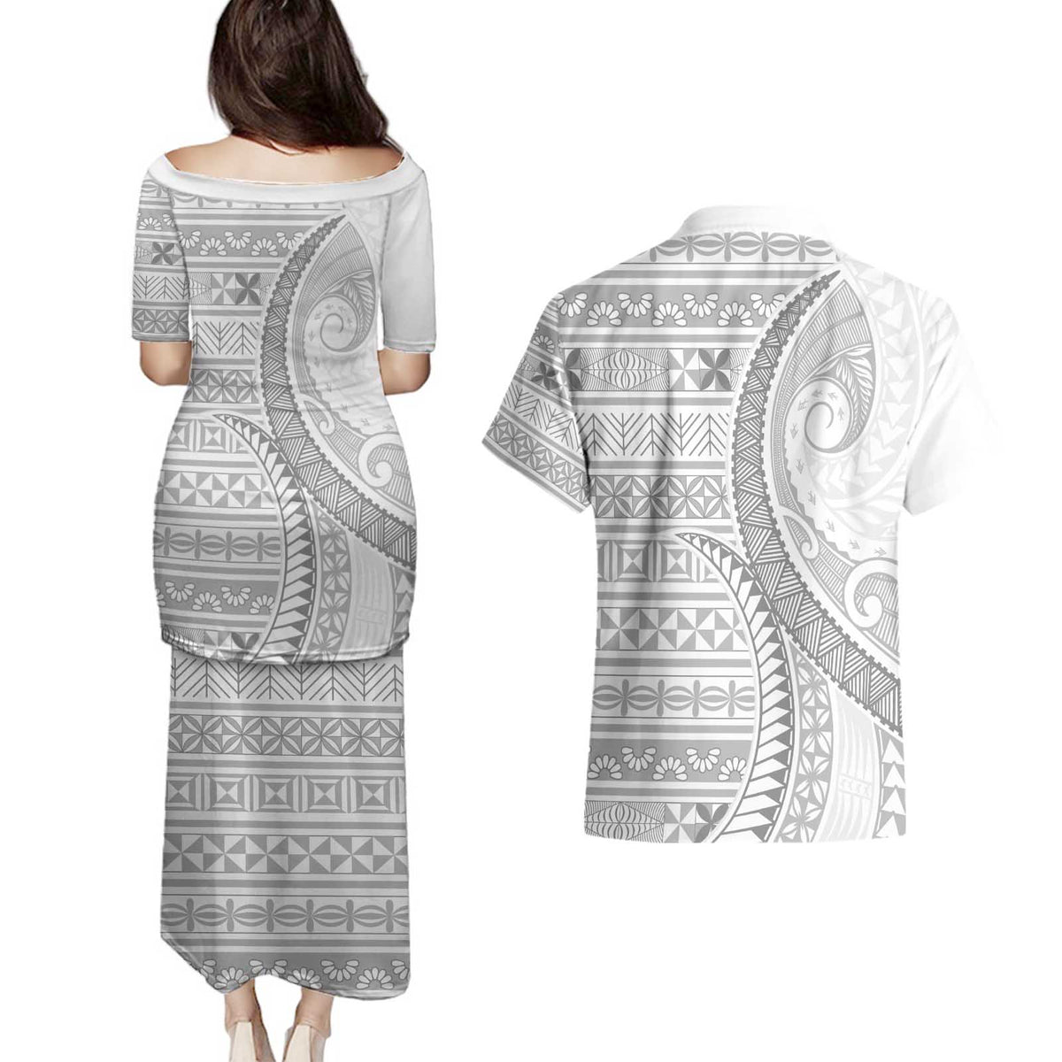 Tokelau White Sunday Couples Matching Puletasi and Hawaiian Shirt Lotu Tamaiti Ngatu Tokelau Feletoa Manulua LT9 - Polynesian Pride