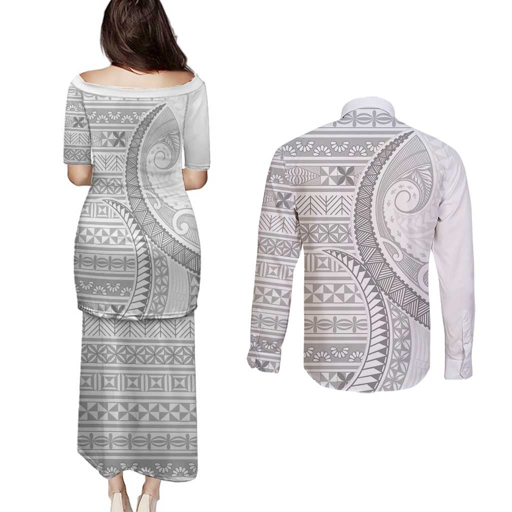 Tokelau White Sunday Couples Matching Puletasi and Long Sleeve Button Shirt Lotu Tamaiti Ngatu Tokelau Feletoa Manulua - Polynesian Pride