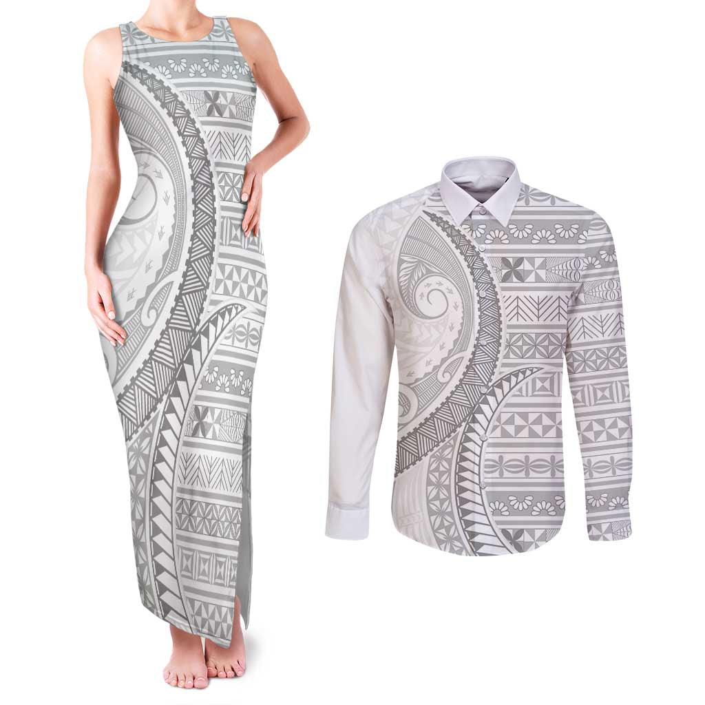 Tokelau White Sunday Couples Matching Tank Maxi Dress and Long Sleeve Button Shirt Lotu Tamaiti Ngatu Tokelau Feletoa Manulua - Polynesian Pride