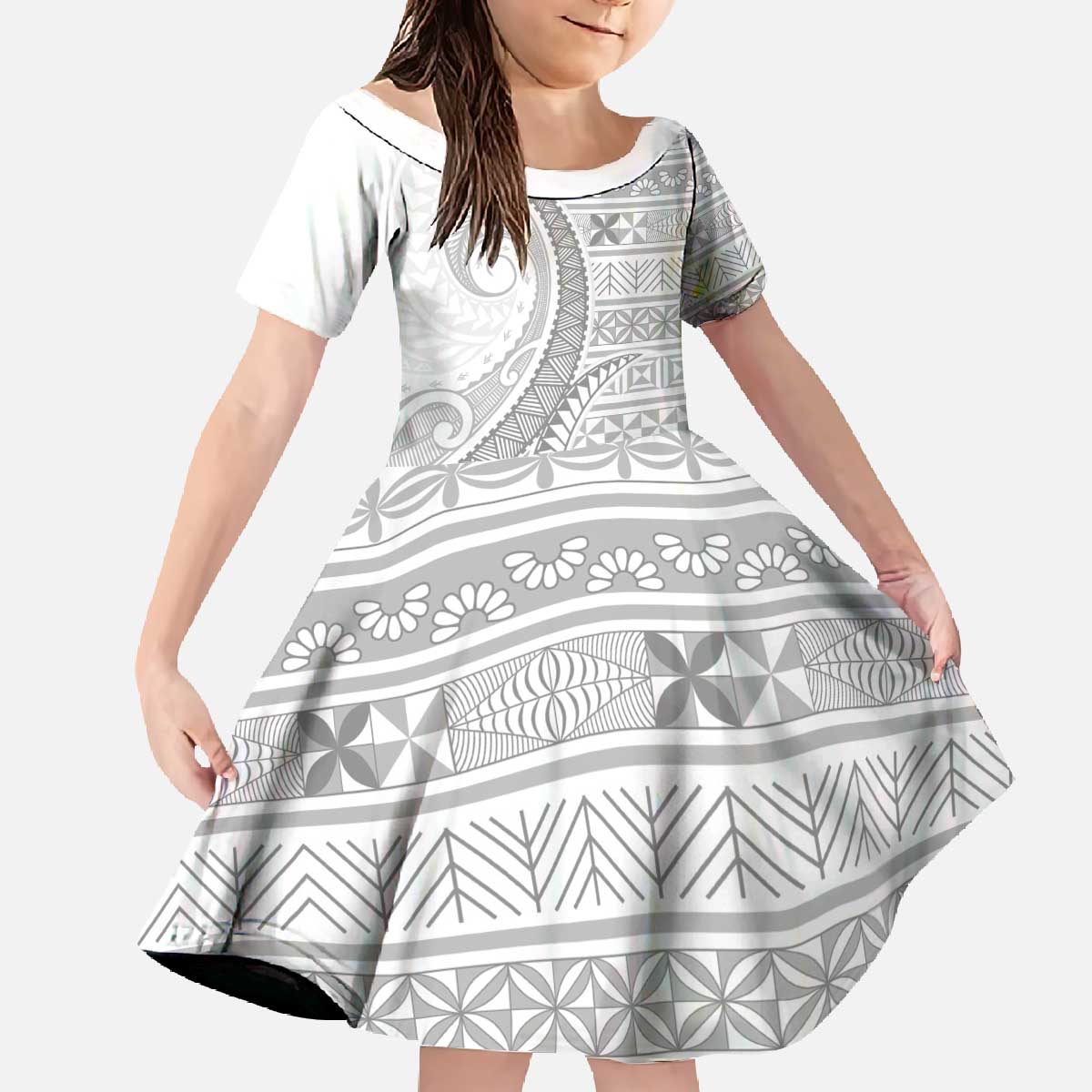 Tokelau White Sunday Family Matching Off The Shoulder Long Sleeve Dress and Hawaiian Shirt Lotu Tamaiti Ngatu Tokelau Feletoa Manulua LT9 Daughter's Dress White - Polynesian Pride