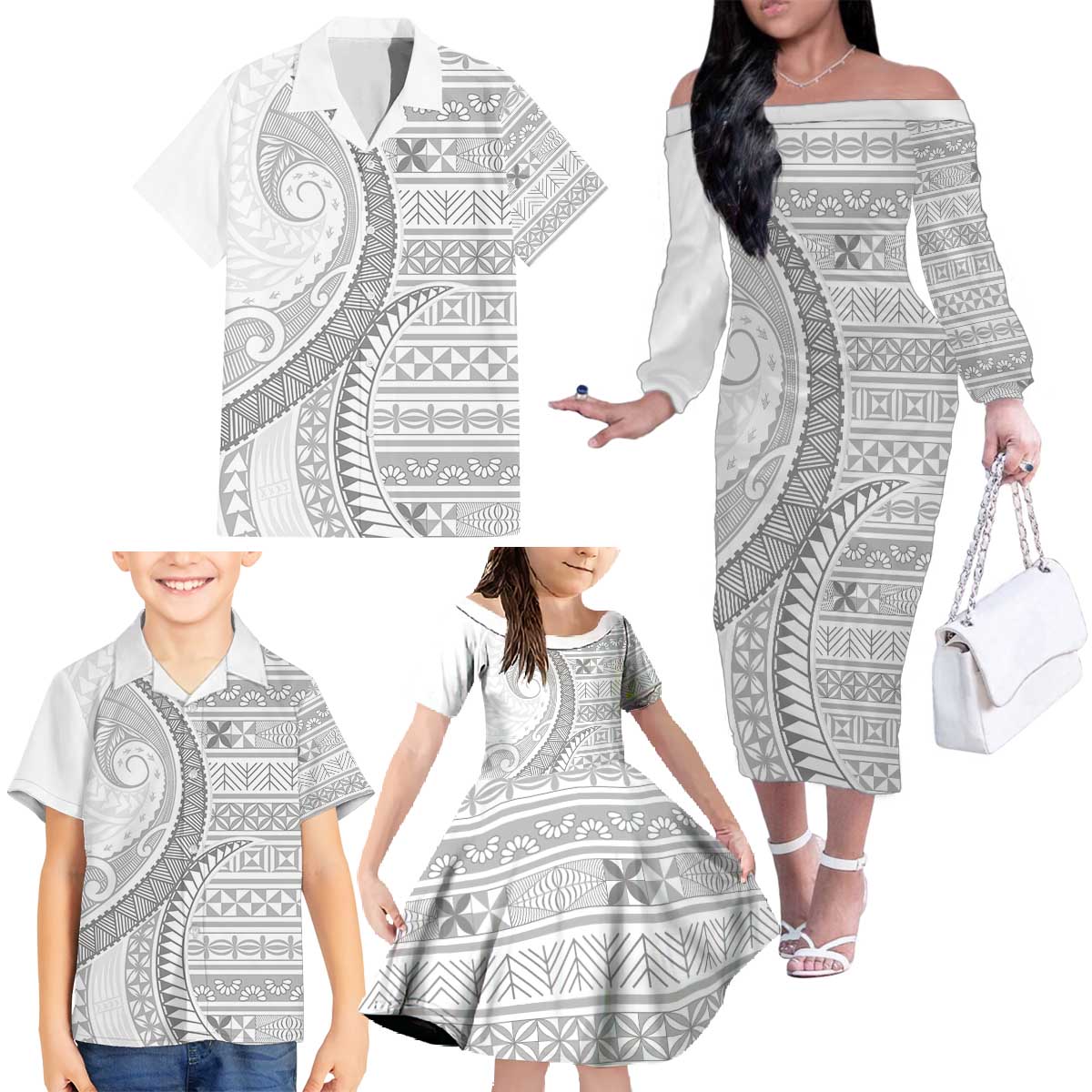 Tokelau White Sunday Family Matching Off The Shoulder Long Sleeve Dress and Hawaiian Shirt Lotu Tamaiti Ngatu Tokelau Feletoa Manulua - Polynesian Pride