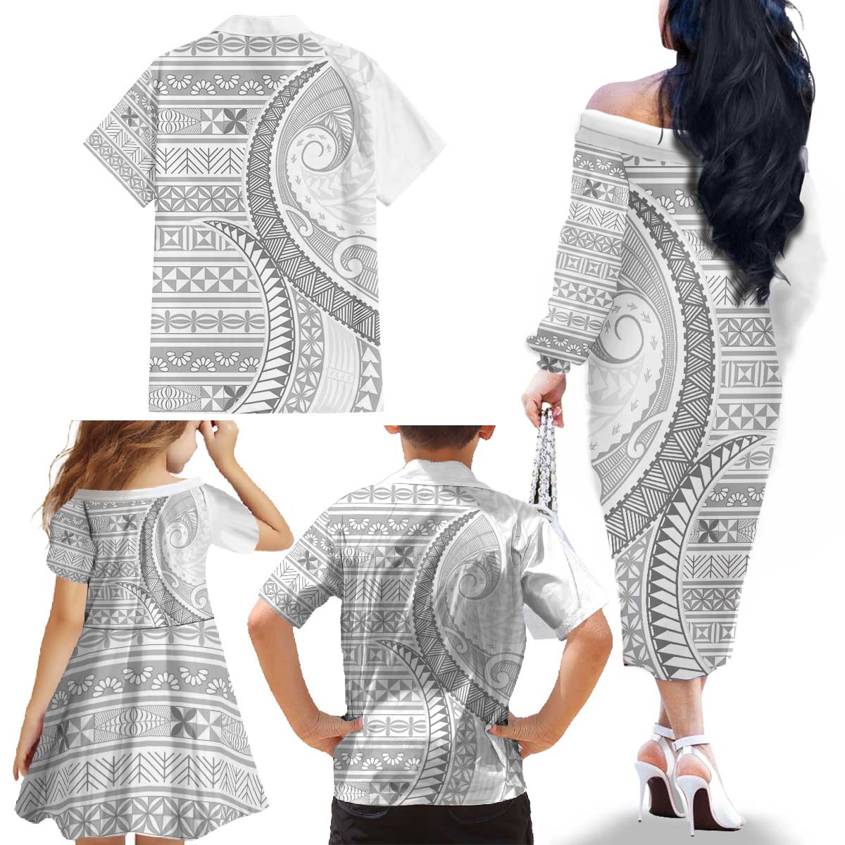 Tokelau White Sunday Family Matching Off The Shoulder Long Sleeve Dress and Hawaiian Shirt Lotu Tamaiti Ngatu Tokelau Feletoa Manulua LT9 - Polynesian Pride