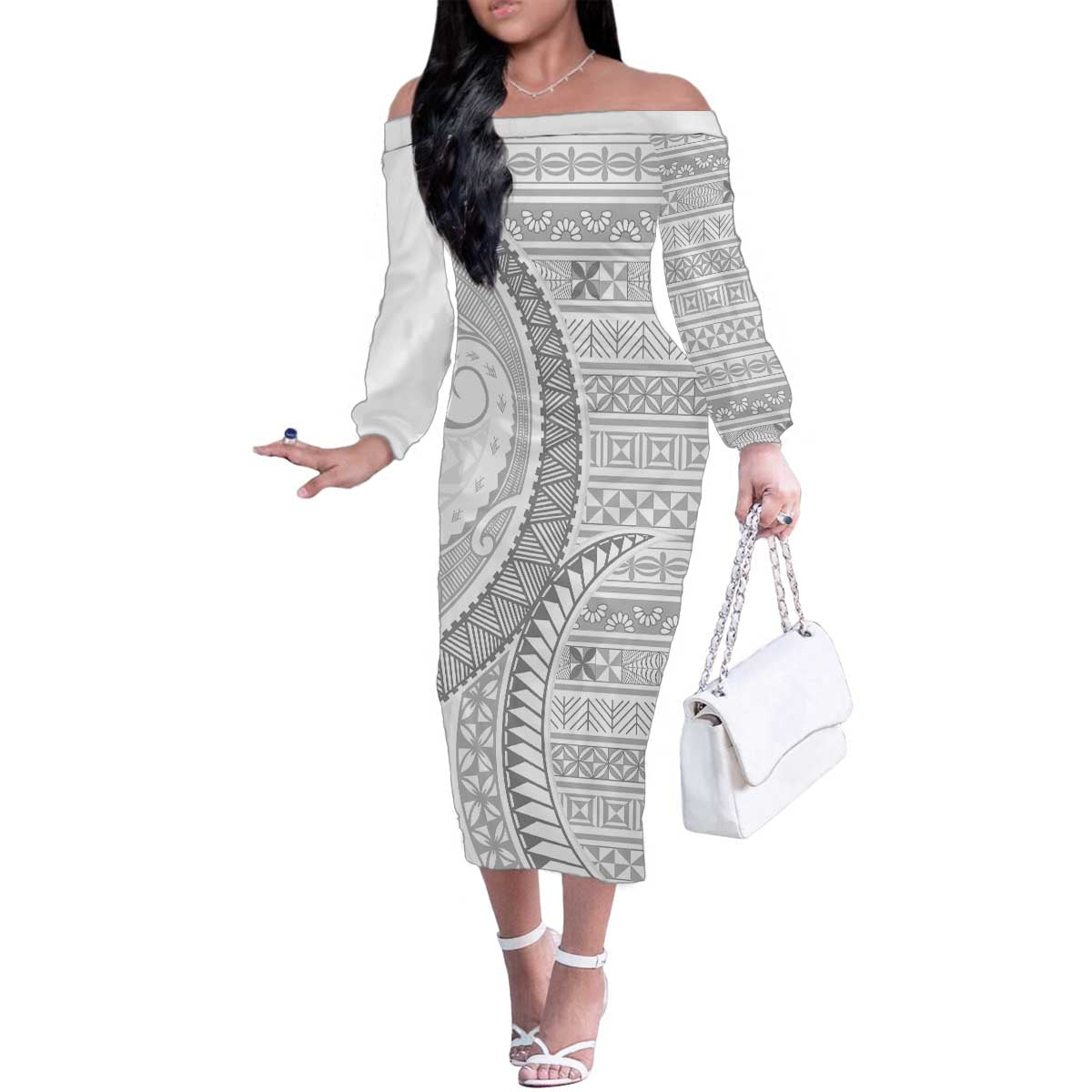 Tokelau White Sunday Family Matching Off The Shoulder Long Sleeve Dress and Hawaiian Shirt Lotu Tamaiti Ngatu Tokelau Feletoa Manulua LT9 Mom's Dress White - Polynesian Pride
