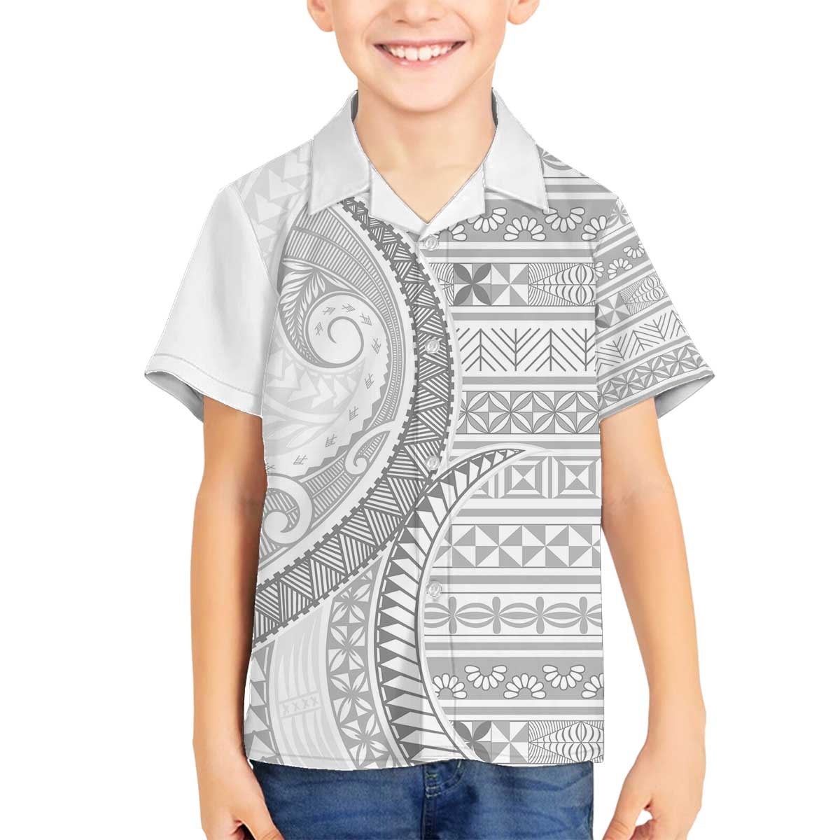 Tokelau White Sunday Family Matching Off The Shoulder Long Sleeve Dress and Hawaiian Shirt Lotu Tamaiti Ngatu Tokelau Feletoa Manulua LT9 Son's Shirt White - Polynesian Pride