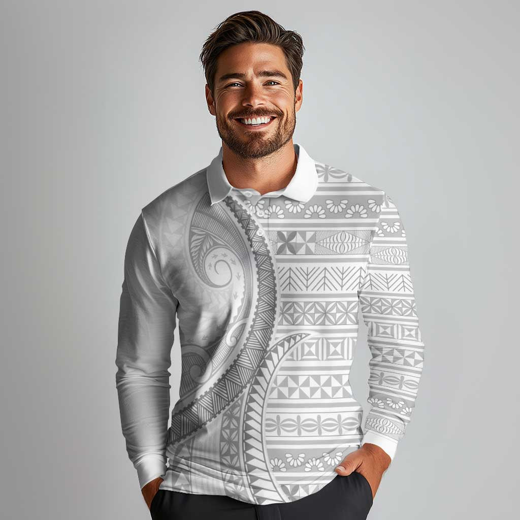 Tokelau White Sunday Long Sleeve Polo Shirt Lotu Tamaiti Ngatu Tokelau Feletoa Manulua - Polynesian Pride