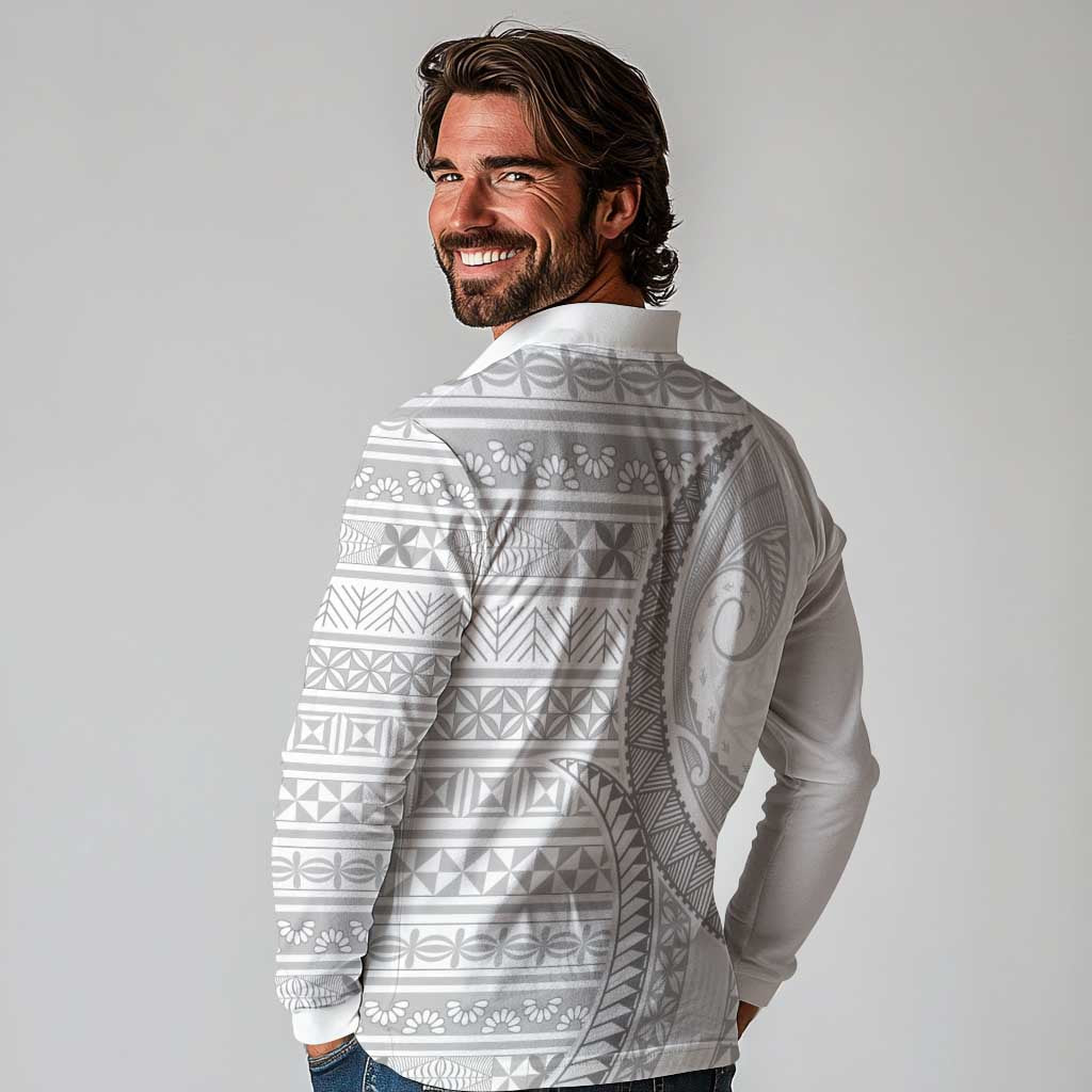 Tokelau White Sunday Long Sleeve Polo Shirt Lotu Tamaiti Ngatu Tokelau Feletoa Manulua - Polynesian Pride