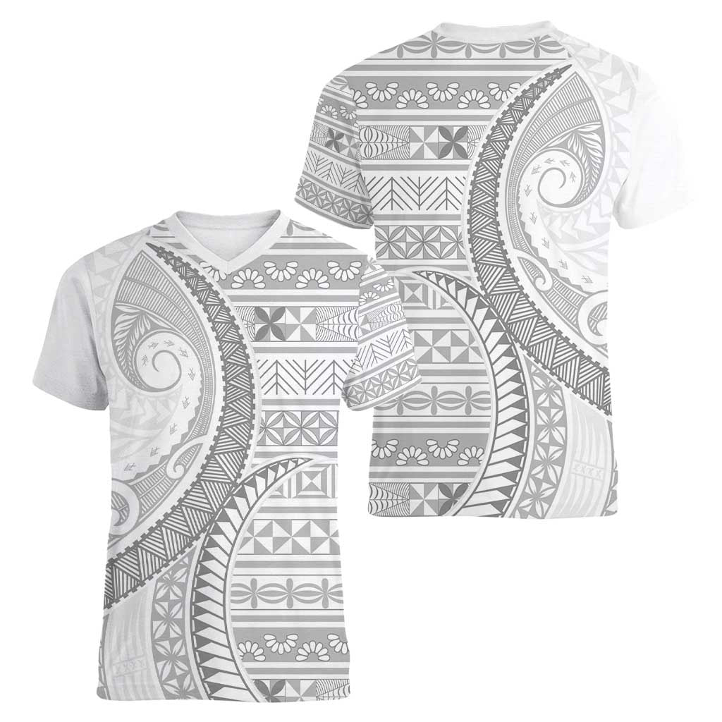 Tokelau White Sunday Women V-Neck T-Shirt Lotu Tamaiti Ngatu Tokelau Feletoa Manulua - Polynesian Pride