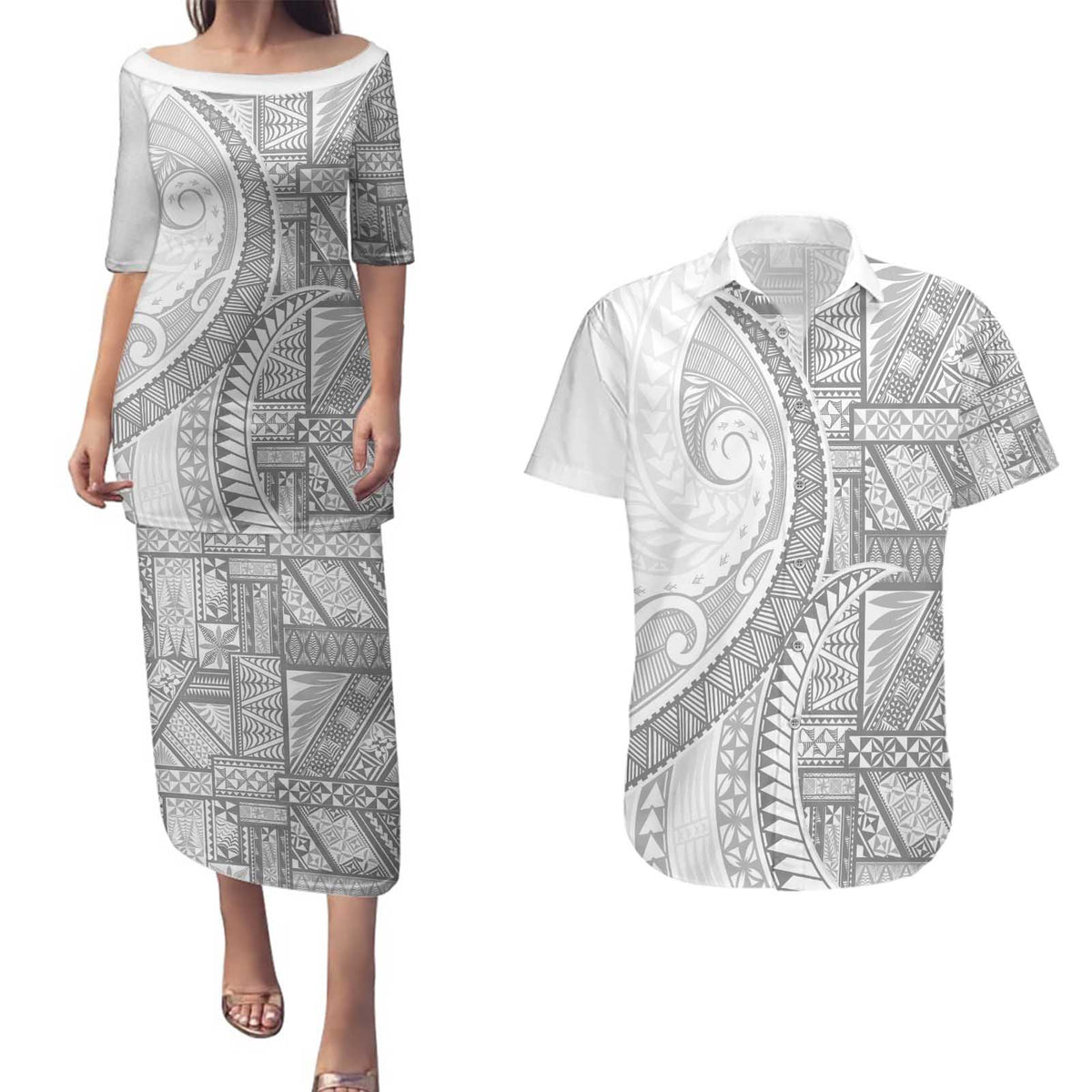 Tonga White Sunday Couples Matching Puletasi and Hawaiian Shirt Lotu Tamaiti Ngatu Tribal - Polynesian Pride