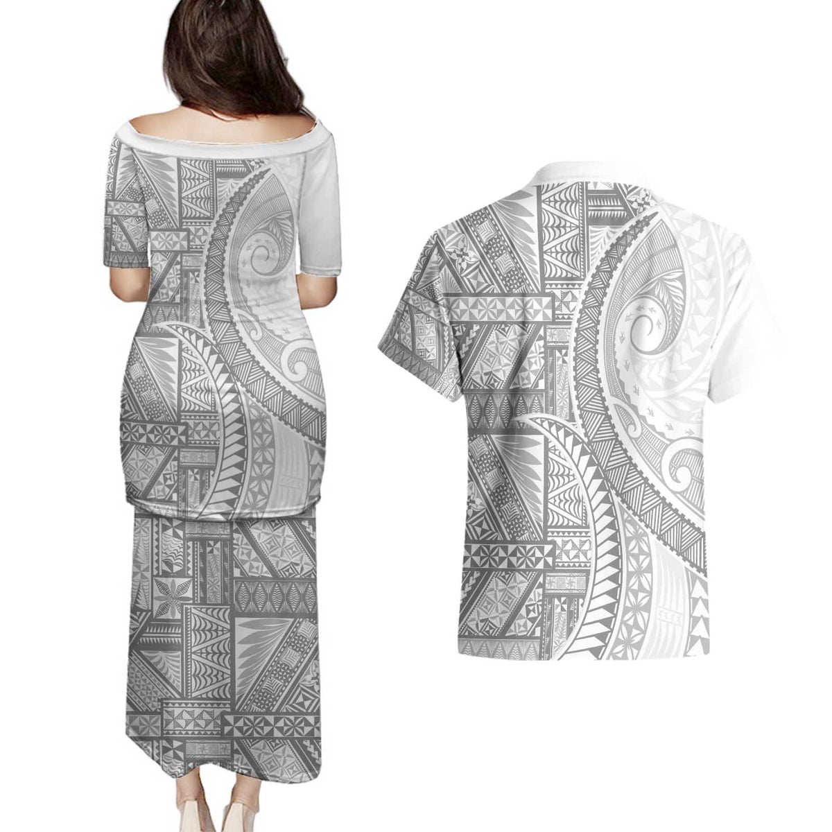 Tonga White Sunday Couples Matching Puletasi and Hawaiian Shirt Lotu Tamaiti Ngatu Tribal - Polynesian Pride