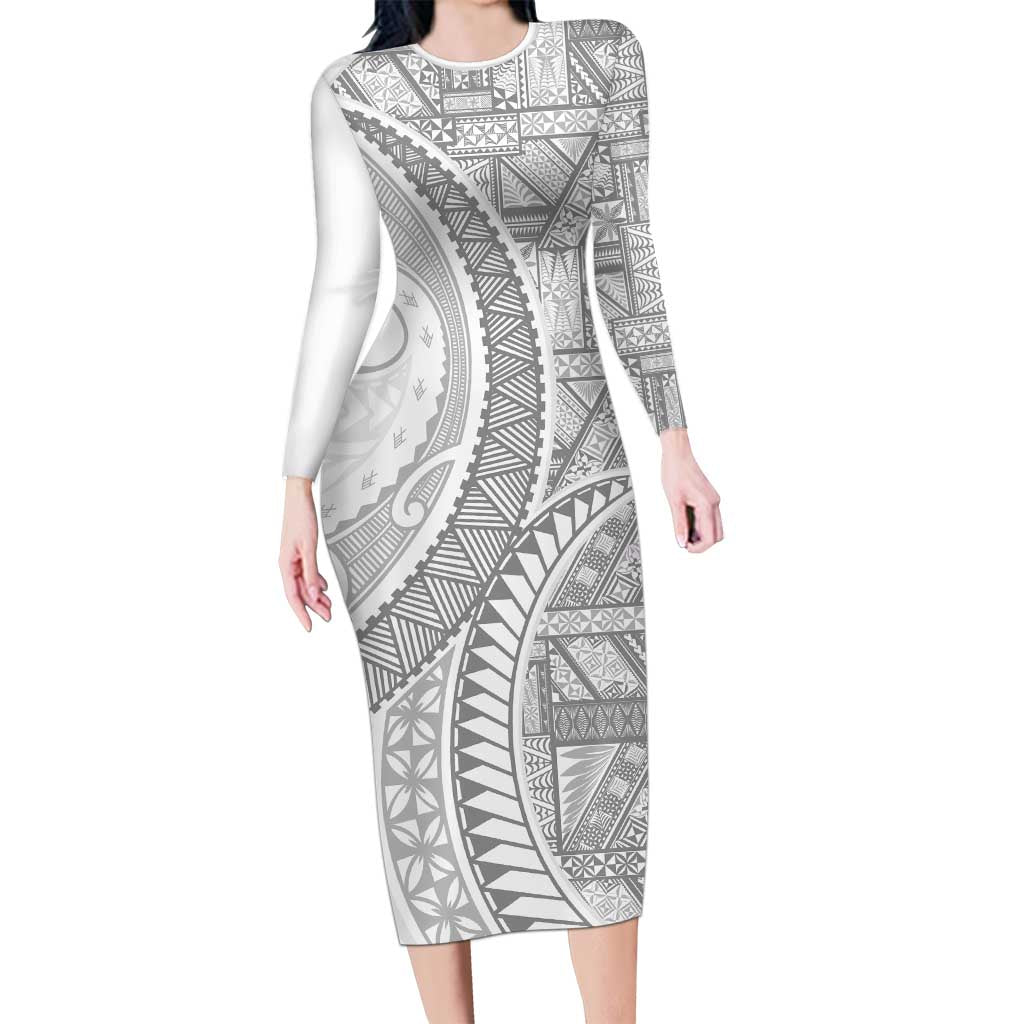 Tonga White Sunday Family Matching Long Sleeve Bodycon Dress and Hawaiian Shirt Lotu Tamaiti Ngatu Tribal - Polynesian Pride