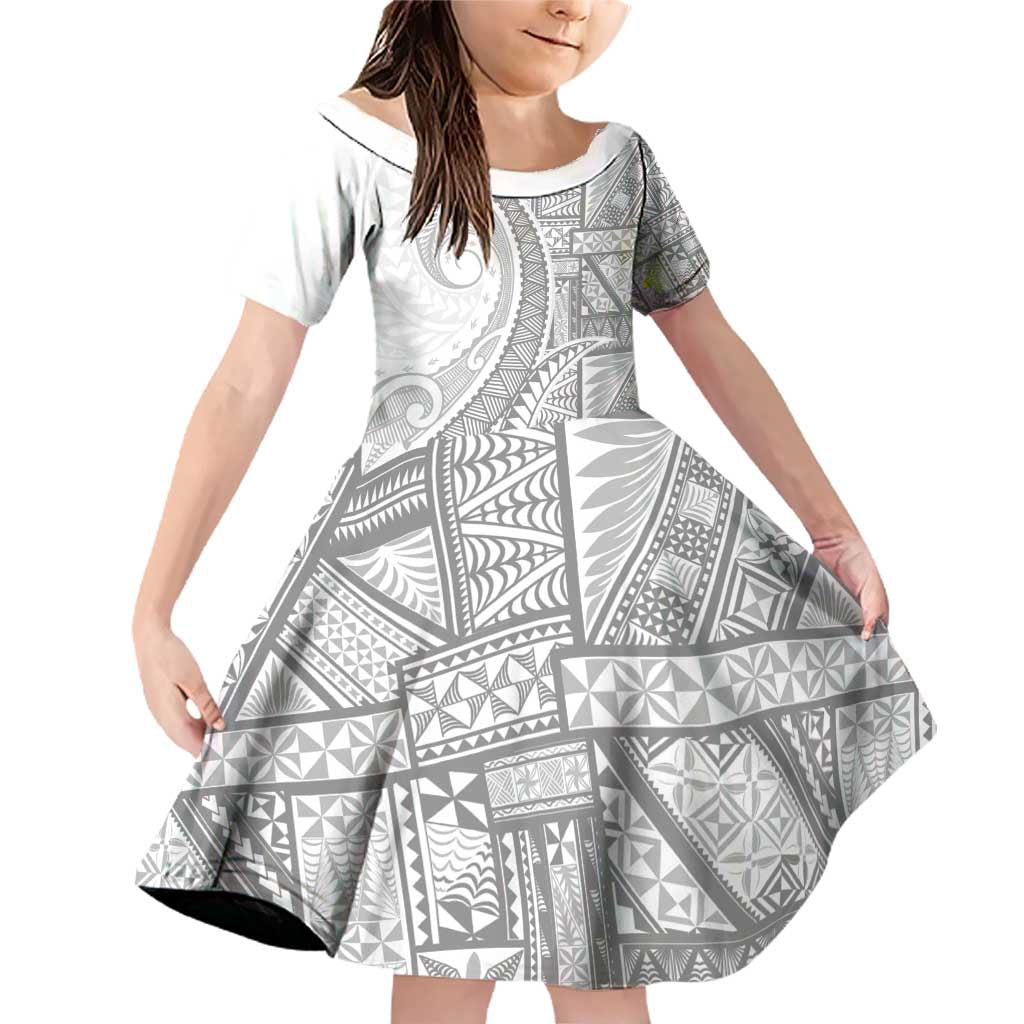 Tonga White Sunday Family Matching Off Shoulder Short Dress and Hawaiian Shirt Lotu Tamaiti Ngatu Tribal - Polynesian Pride