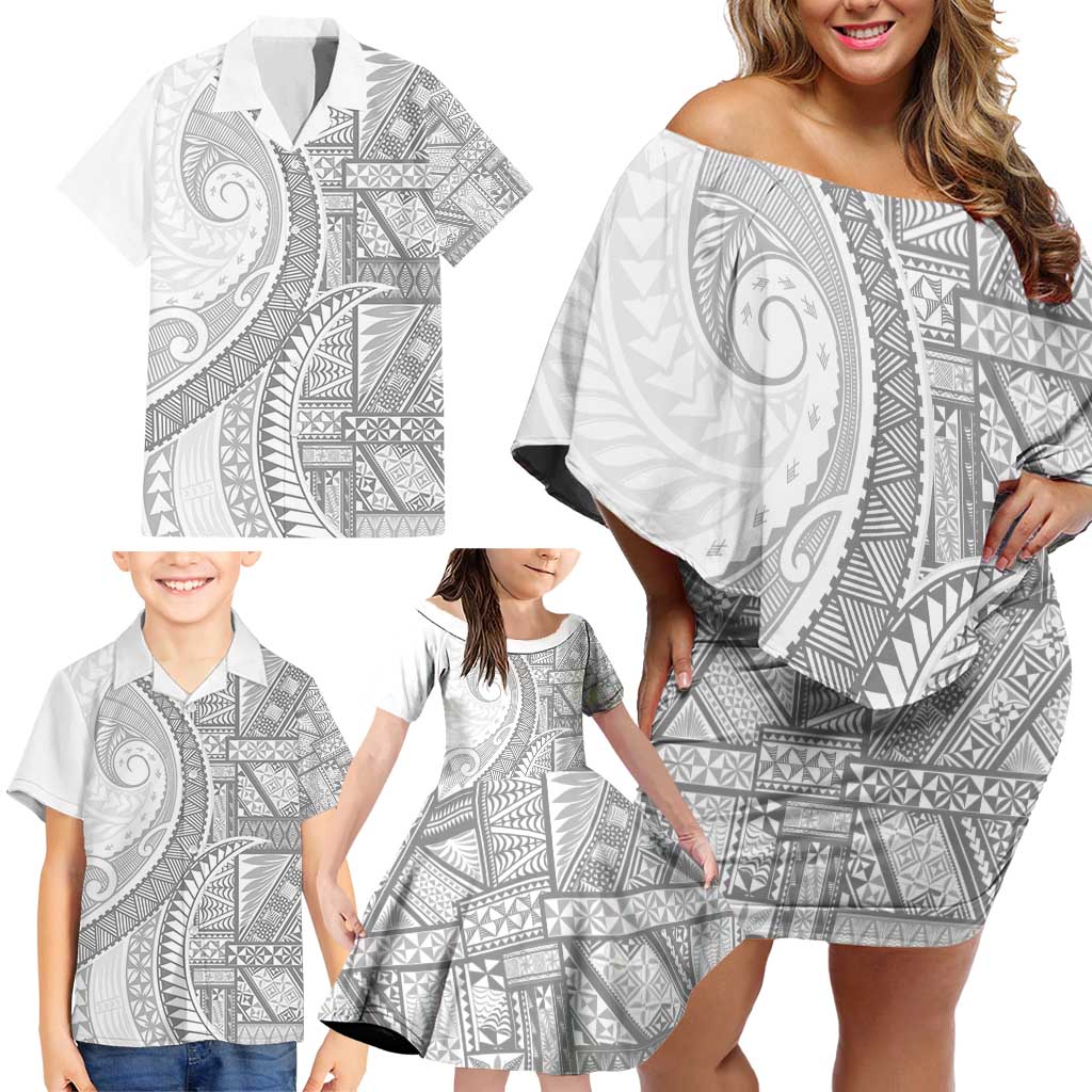 Tonga White Sunday Family Matching Off Shoulder Short Dress and Hawaiian Shirt Lotu Tamaiti Ngatu Tribal - Polynesian Pride