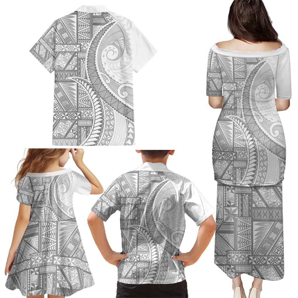 Tonga White Sunday Family Matching Puletasi and Hawaiian Shirt Lotu Tamaiti Ngatu Tribal - Polynesian Pride