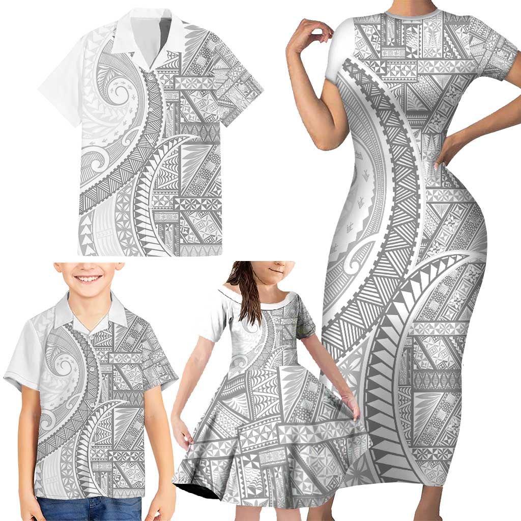 Tonga White Sunday Family Matching Short Sleeve Bodycon Dress and Hawaiian Shirt Lotu Tamaiti Ngatu Tribal - Polynesian Pride