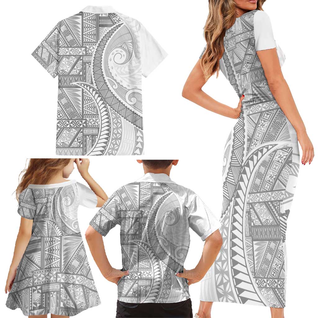 Tonga White Sunday Family Matching Short Sleeve Bodycon Dress and Hawaiian Shirt Lotu Tamaiti Ngatu Tribal - Polynesian Pride