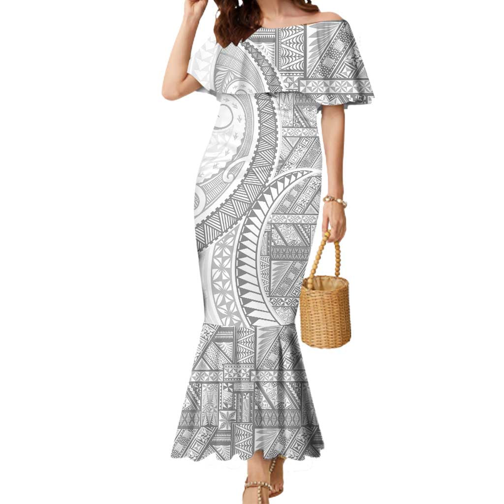 Tonga White Sunday Mermaid Dress Lotu Tamaiti Ngatu Tribal LT9 Women White - Polynesian Pride