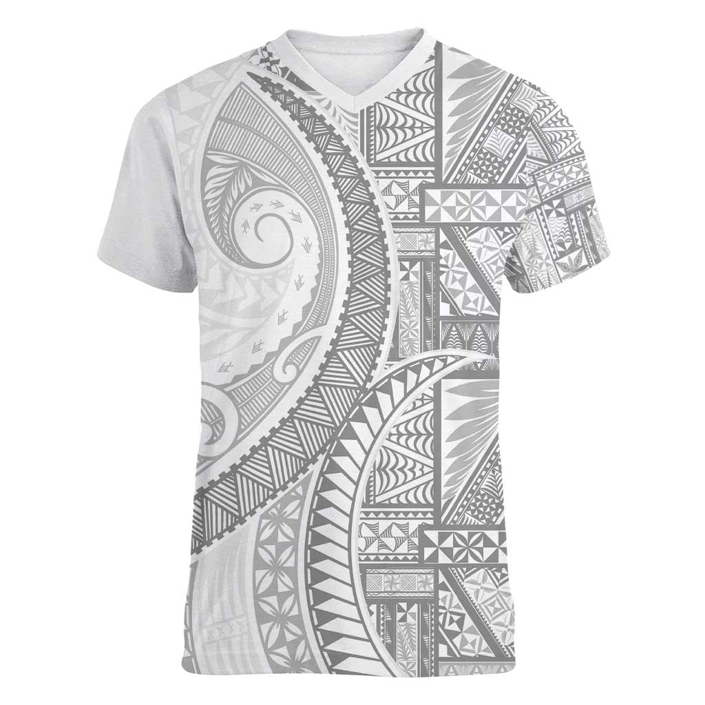 Tonga White Sunday Women V-Neck T-Shirt Lotu Tamaiti Ngatu Tribal - Polynesian Pride