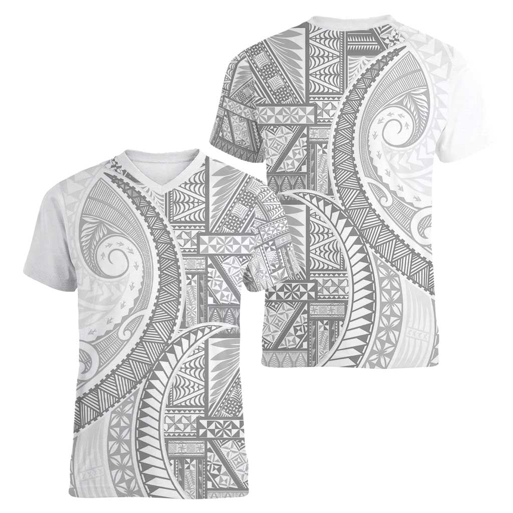 Tonga White Sunday Women V-Neck T-Shirt Lotu Tamaiti Ngatu Tribal - Polynesian Pride