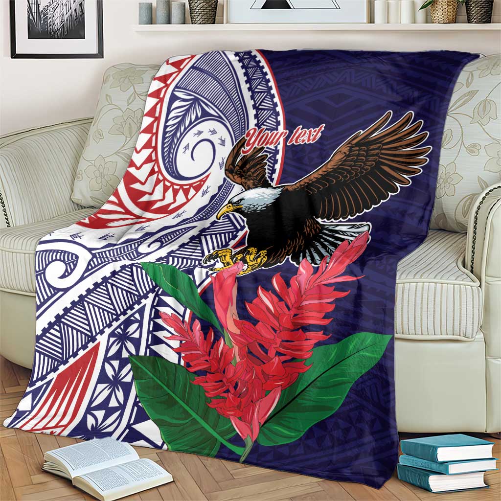 American Samoa Bald Eagle Personalized Blanket Polynesian Teuila Flowers - Polynesian Pride