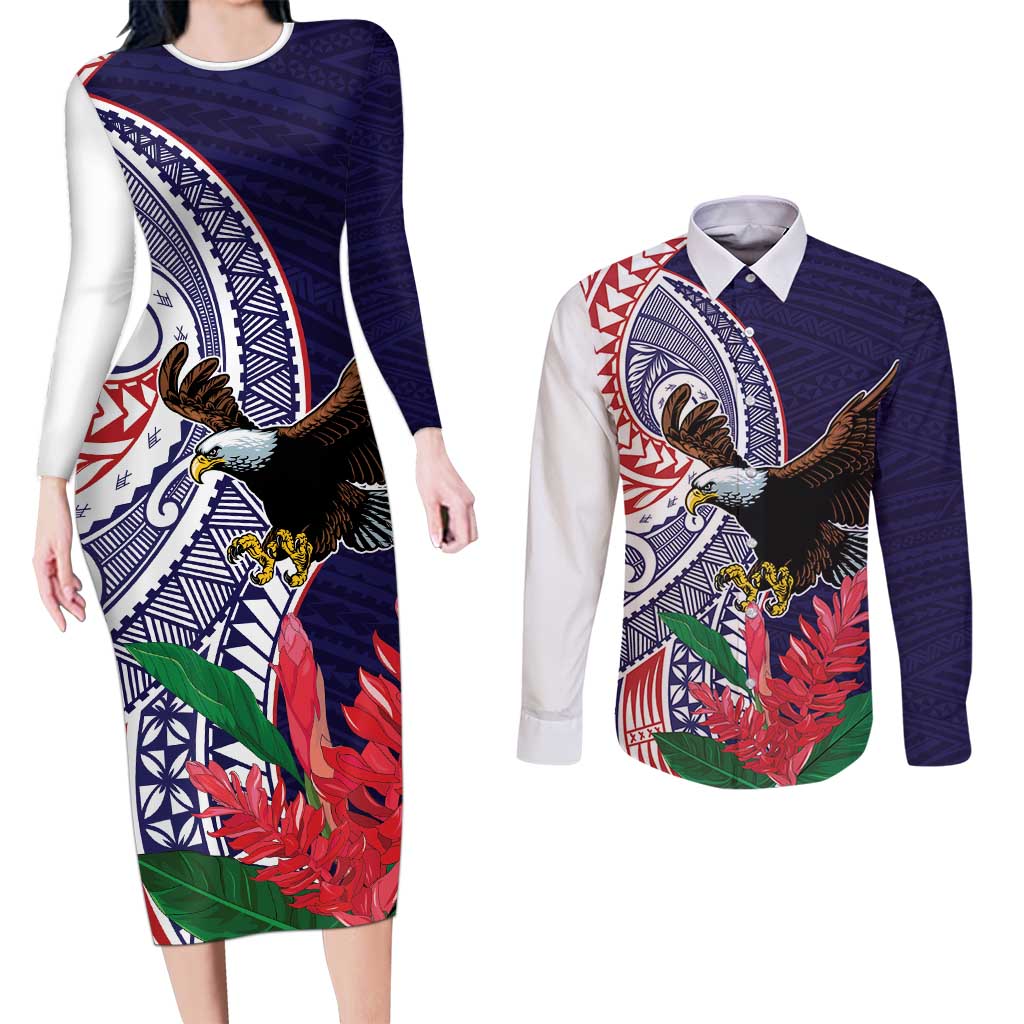 American Samoa Bald Eagle Personalized Couples Matching Long Sleeve Bodycon Dress and Long Sleeve Button Shirt Polynesian Teuila Flowers - Polynesian Pride