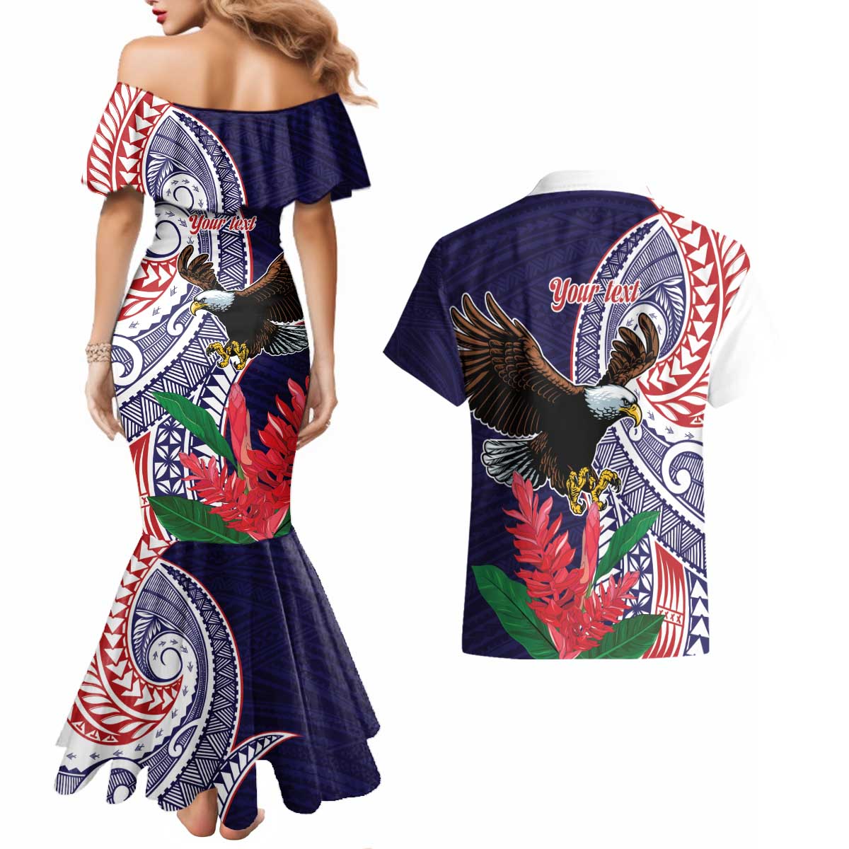 American Samoa Bald Eagle Personalized Couples Matching Mermaid Dress and Hawaiian Shirt Polynesian Teuila Flowers - Polynesian Pride