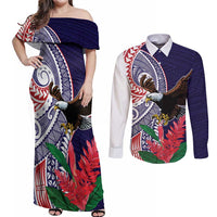 American Samoa Bald Eagle Personalized Couples Matching Off Shoulder Maxi Dress and Long Sleeve Button Shirt Polynesian Teuila Flowers - Polynesian Pride