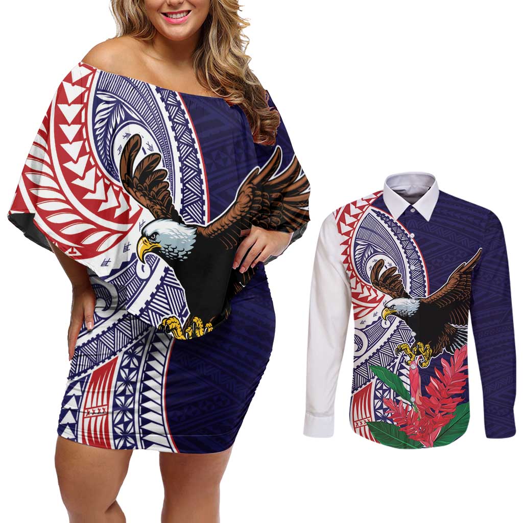 American Samoa Bald Eagle Personalized Couples Matching Off Shoulder Short Dress and Long Sleeve Button Shirt Polynesian Teuila Flowers - Polynesian Pride