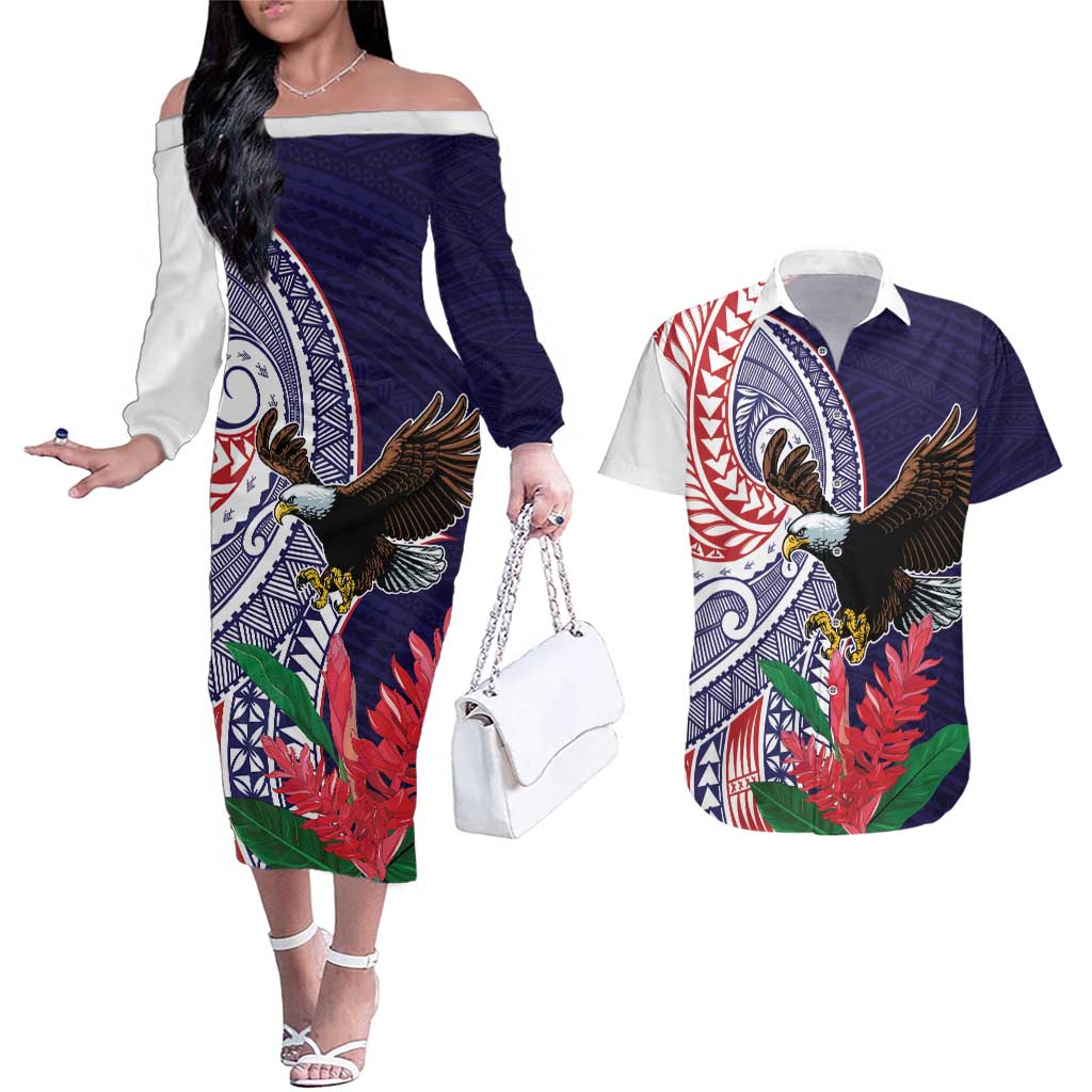 American Samoa Bald Eagle Personalized Couples Matching Off The Shoulder Long Sleeve Dress and Hawaiian Shirt Polynesian Teuila Flowers - Polynesian Pride