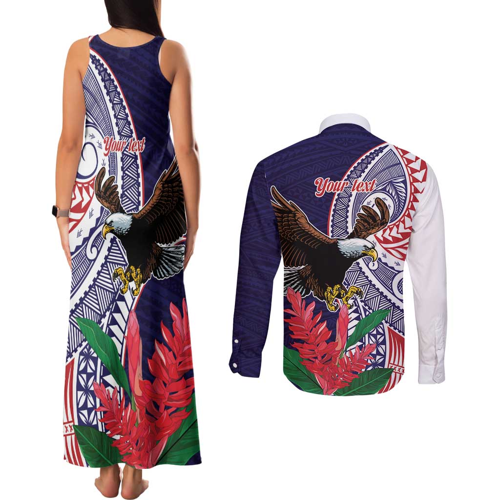 American Samoa Bald Eagle Personalized Couples Matching Tank Maxi Dress and Long Sleeve Button Shirt Polynesian Teuila Flowers - Polynesian Pride