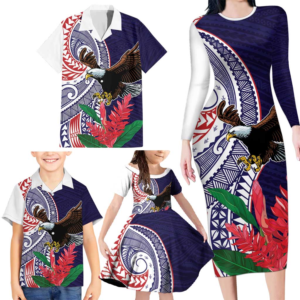 American Samoa Bald Eagle Personalized Family Matching Long Sleeve Bodycon Dress and Hawaiian Shirt Polynesian Teuila Flowers - Polynesian Pride