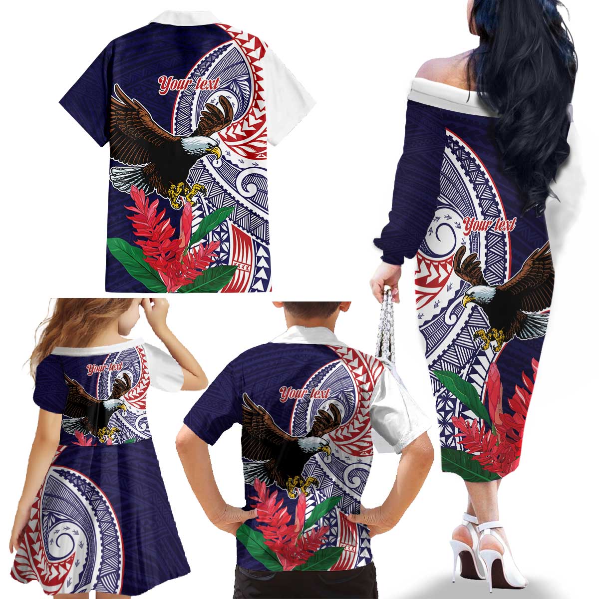 American Samoa Bald Eagle Personalized Family Matching Off The Shoulder Long Sleeve Dress and Hawaiian Shirt Polynesian Teuila Flowers - Polynesian Pride