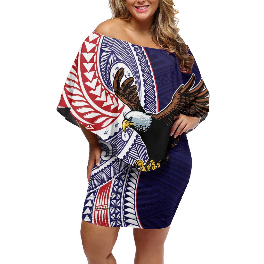 American Samoa Bald Eagle Personalized Family Matching Off Shoulder Short Dress and Hawaiian Shirt Polynesian Teuila Flowers - Polynesian Pride