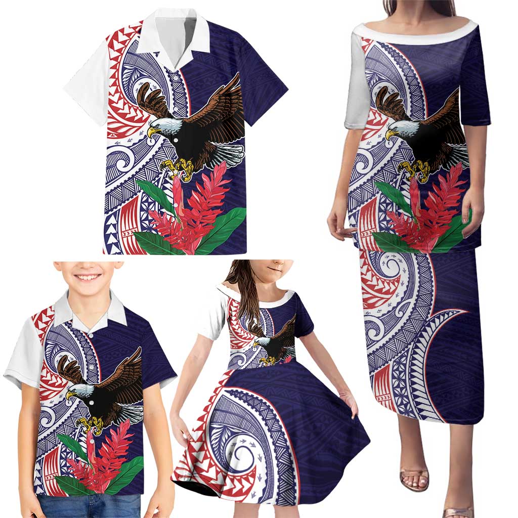 American Samoa Bald Eagle Personalized Family Matching Puletasi and Hawaiian Shirt Polynesian Teuila Flowers - Polynesian Pride