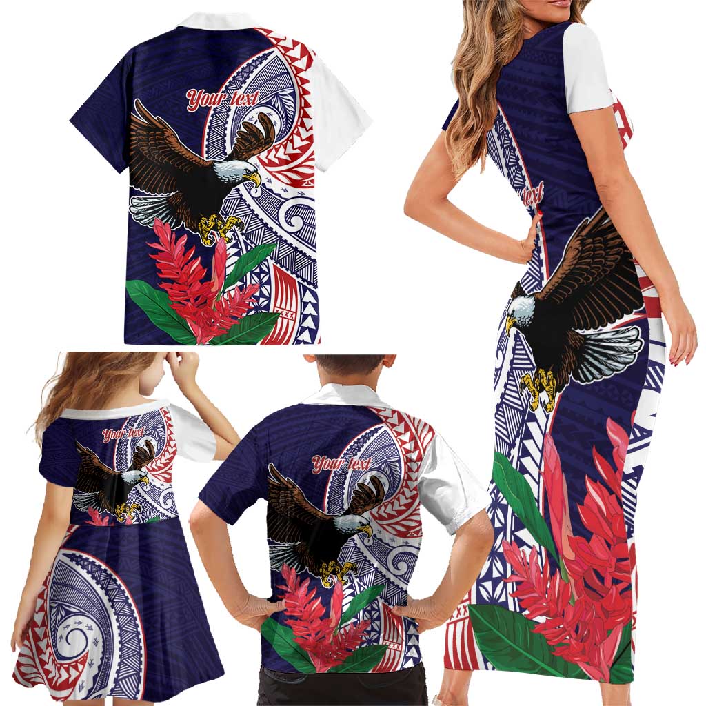 American Samoa Bald Eagle Personalized Family Matching Short Sleeve Bodycon Dress and Hawaiian Shirt Polynesian Teuila Flowers - Polynesian Pride