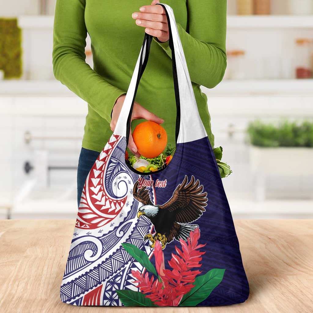 American Samoa Bald Eagle Personalized Grocery Bag Polynesian Teuila Flowers - Polynesian Pride
