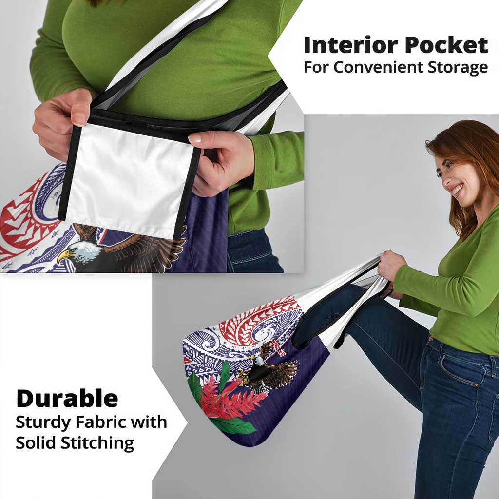 American Samoa Bald Eagle Personalized Grocery Bag Polynesian Teuila Flowers - Polynesian Pride