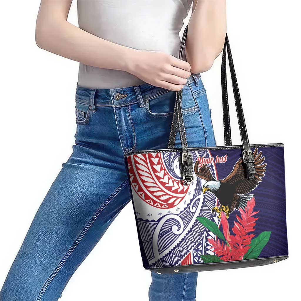 American Samoa Bald Eagle Personalized Leather Tote Bag Polynesian Teuila Flowers - Polynesian Pride