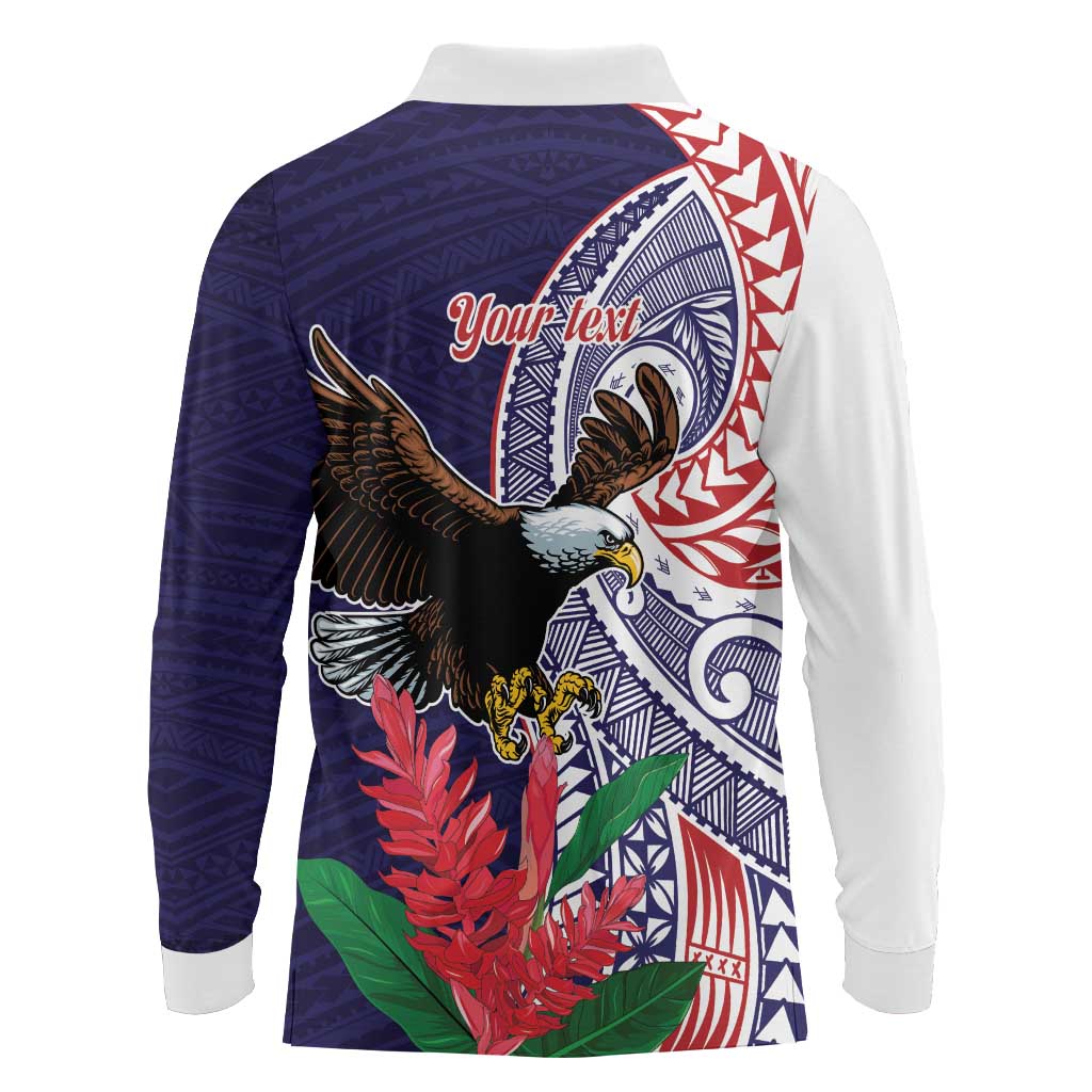 American Samoa Bald Eagle Personalized Long Sleeve Polo Shirt Polynesian Teuila Flowers - Polynesian Pride