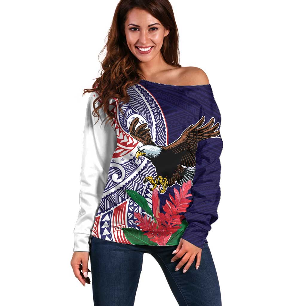 American Samoa Bald Eagle Personalized Off Shoulder Sweater Polynesian Teuila Flowers - Polynesian Pride