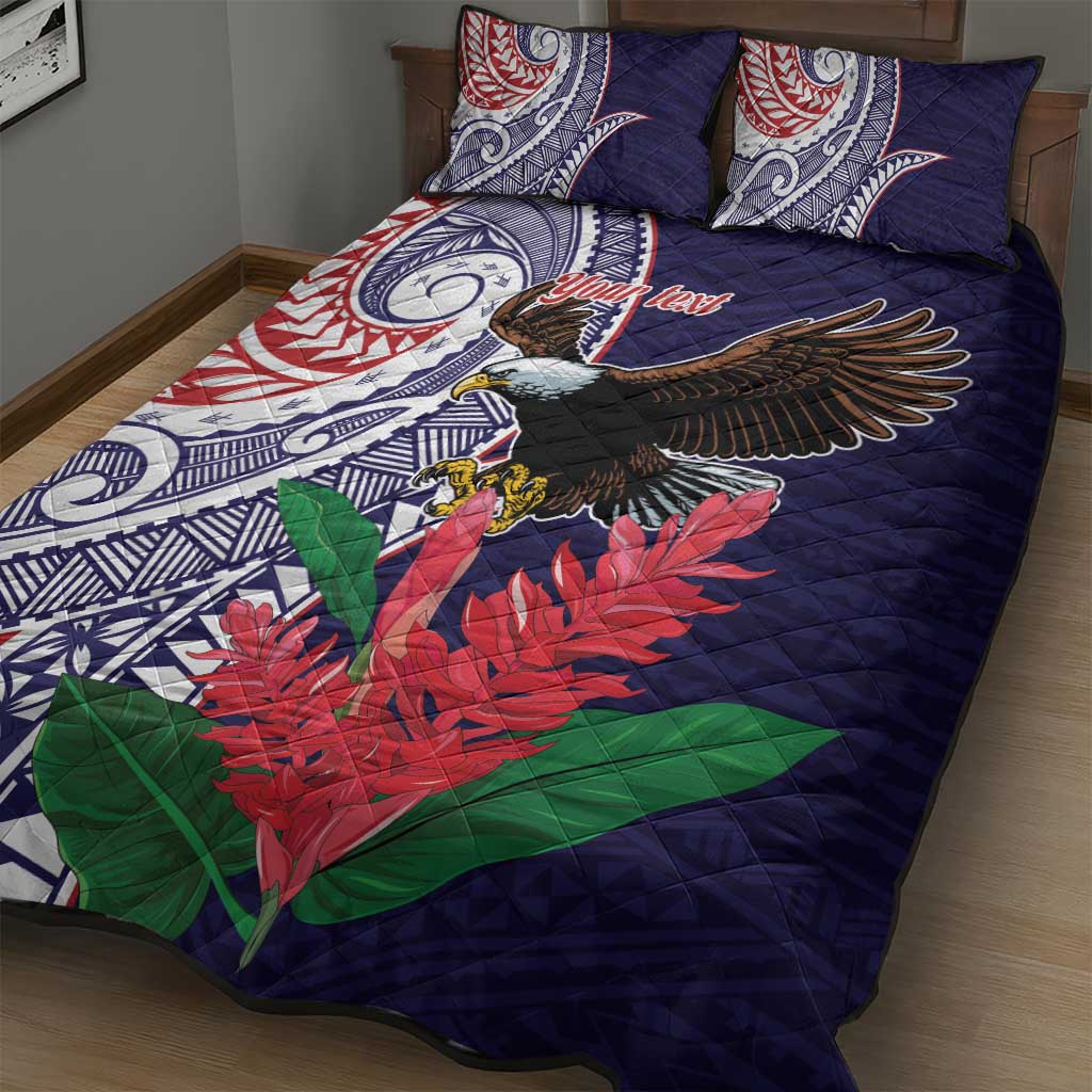 American Samoa Bald Eagle Personalized Quilt Bed Set Polynesian Teuila Flowers - Polynesian Pride