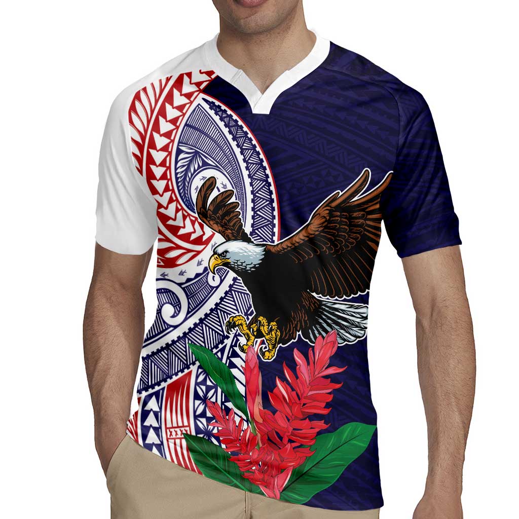 American Samoa Bald Eagle Personalized Rugby Jersey Polynesian Teuila Flowers - Polynesian Pride