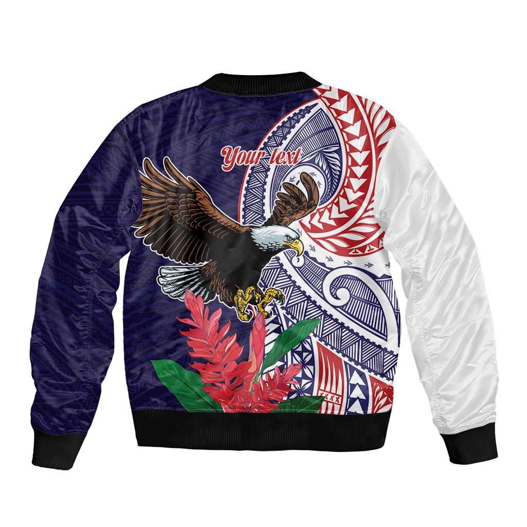 American Samoa Bald Eagle Personalized Sleeve Zip Bomber Jacket Polynesian Teuila Flowers - Polynesian Pride