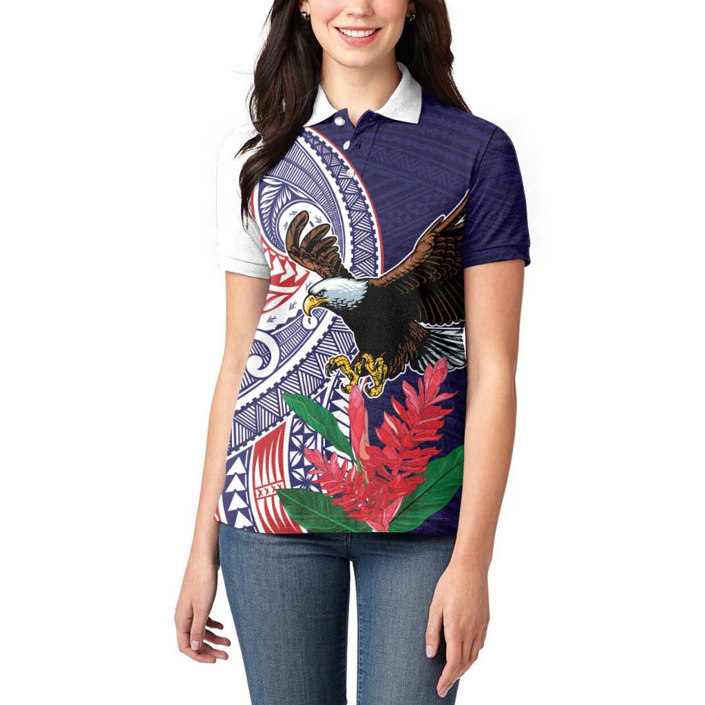American Samoa Bald Eagle Personalized Women Polo Shirt Polynesian Teuila Flowers - Polynesian Pride